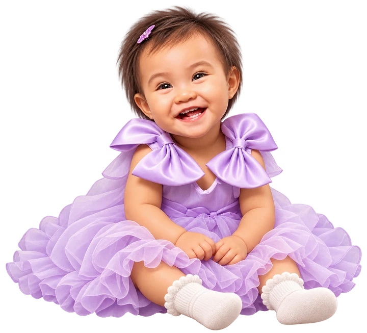 Julia smiling in her purple birthday dress