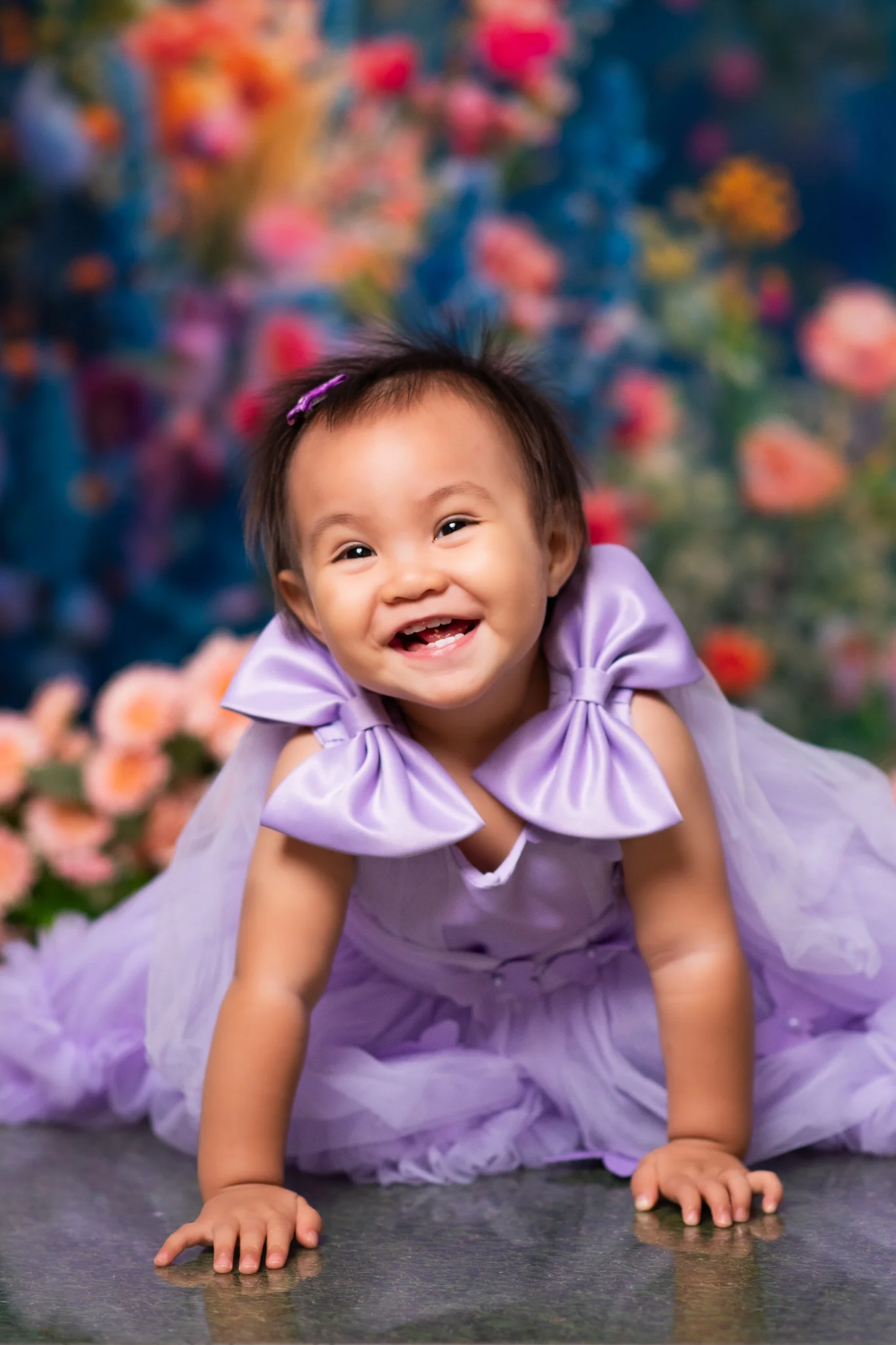 Julia smiling in her lavender dress